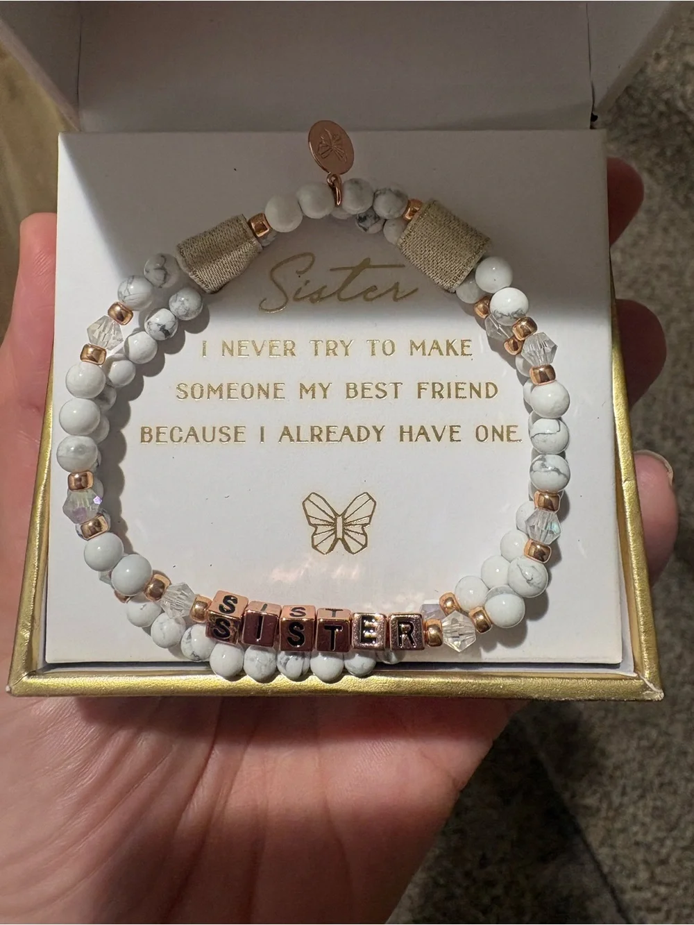 “Sister” White Beaded Bracelet with Rose Gold Accents